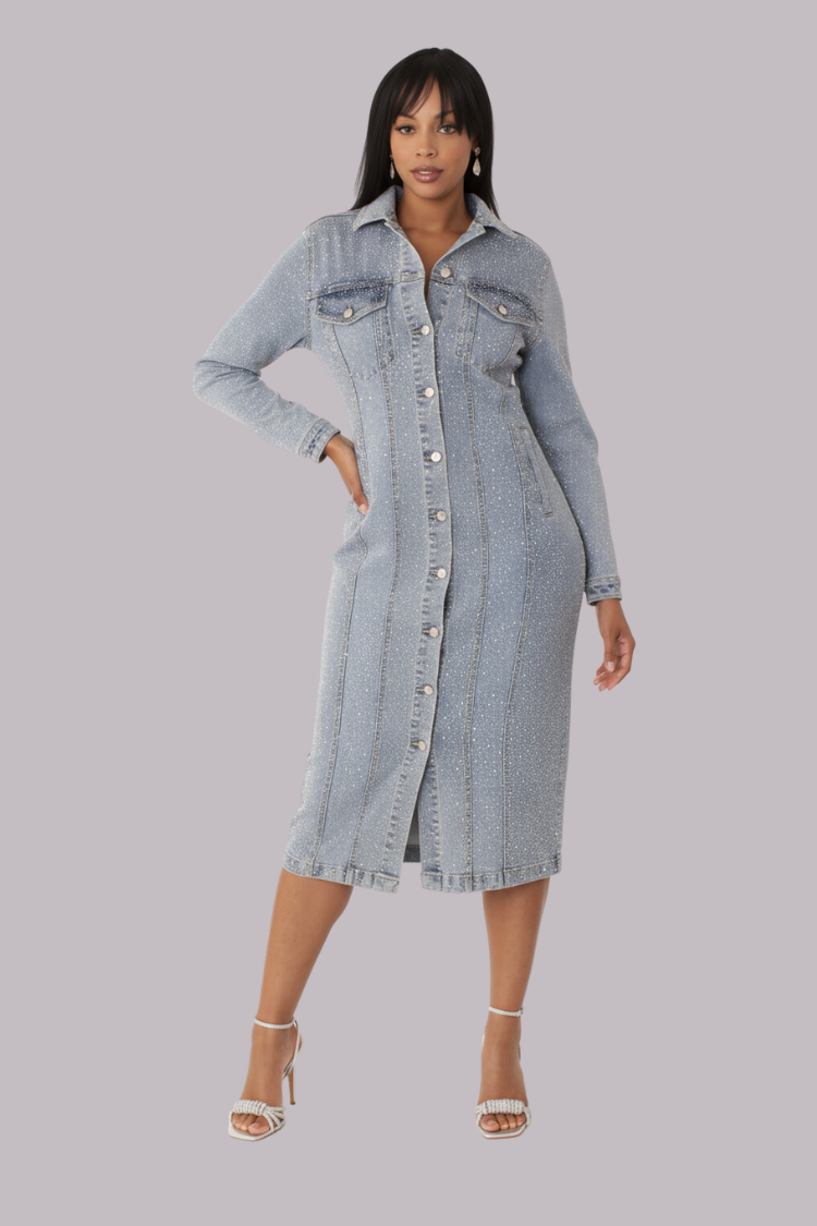 Rhinestone Denim Midi Dress Denim / 1X