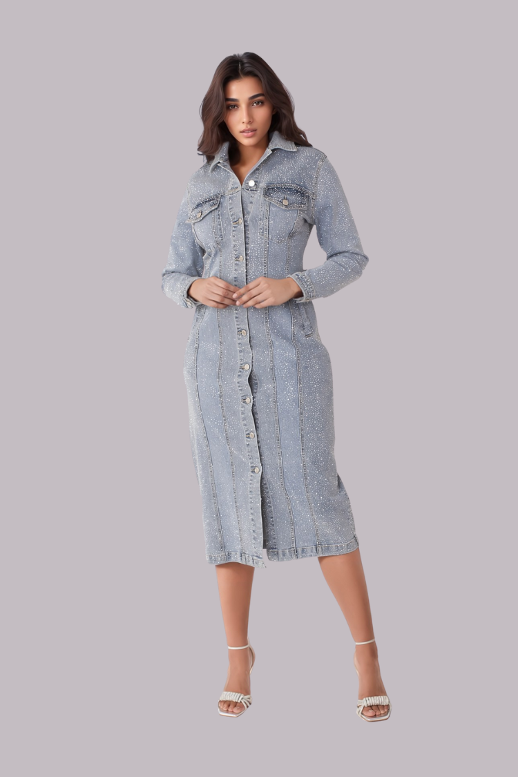 Model wearing rhinestone denim midi dress with button-down front and tailored fit by For Her NYC.