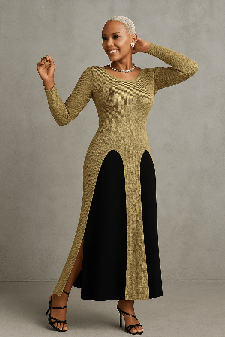 Gold and black two-piece knit maxi dress set shown from angled view featuring sheer overlay and high slit design for a modern glamorous silhouette.