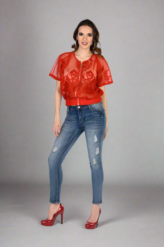 Red mesh bomber jacket front view showing short sleeves, sheer sporty mesh fabric, and edgy streetwear style.