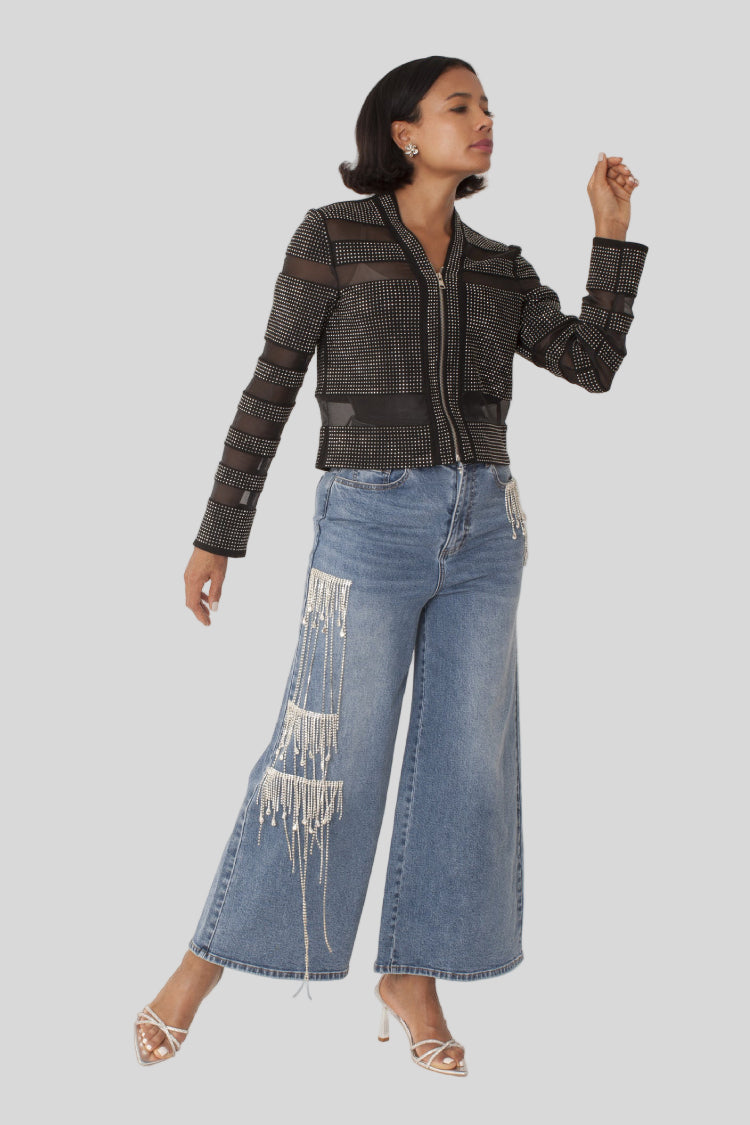 Model wearing the black and silver mesh rhinestones jacket walking forward, highlighting lightweight mesh fabric and shimmering rhinestone detail by For Her NYC