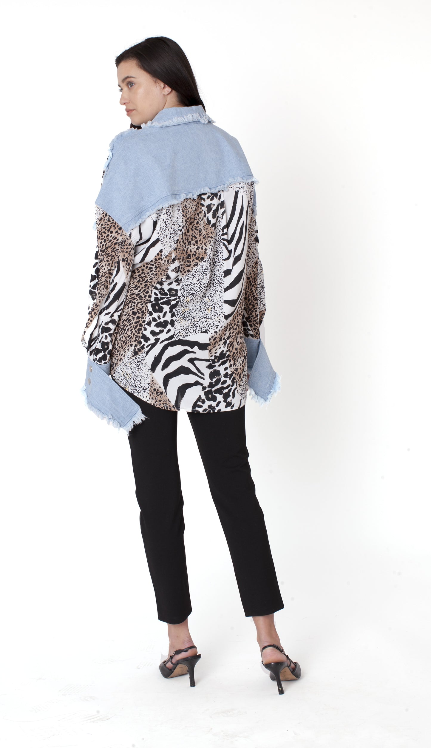 Leopard denim mixed animal print shirt with patchwork detailing and back view – For Her NYC
