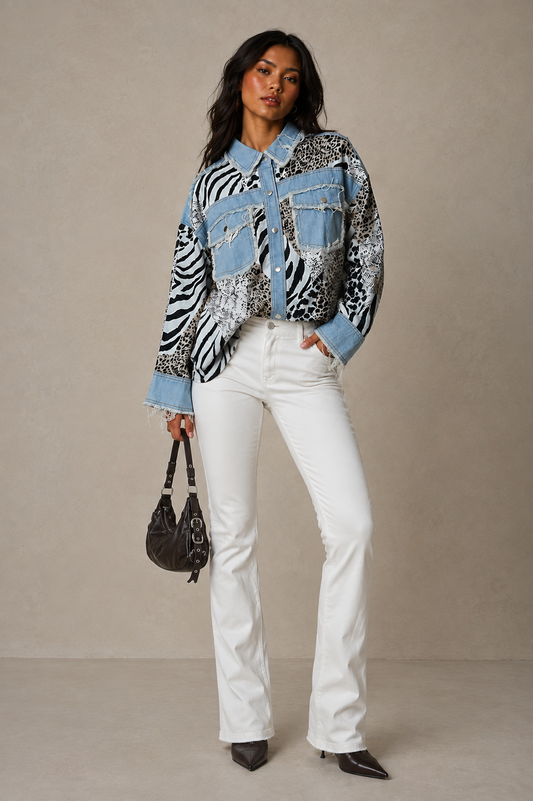Leopard denim mixed animal print shirt with patchwork design and denim trim front view – For Her NYC