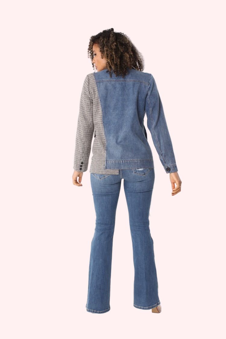 Back view of mixed media denim and houndstooth blazer highlighting tailored fit and denim panel detailing by For Her NYC