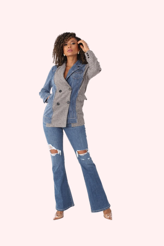 Front view of mixed media denim and houndstooth blazer styled with flared jeans showcasing tailored silhouette and contrast textures by For Her NYC