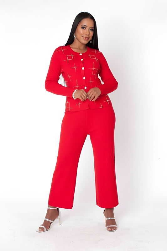 Front view of red 3-piece knit pant set with rhinestone detail, wide-leg pants styling, For Her NYC