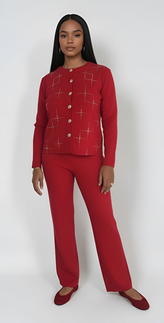 Red 3-piece knit set with rhinestone detail and pants, full front pose.