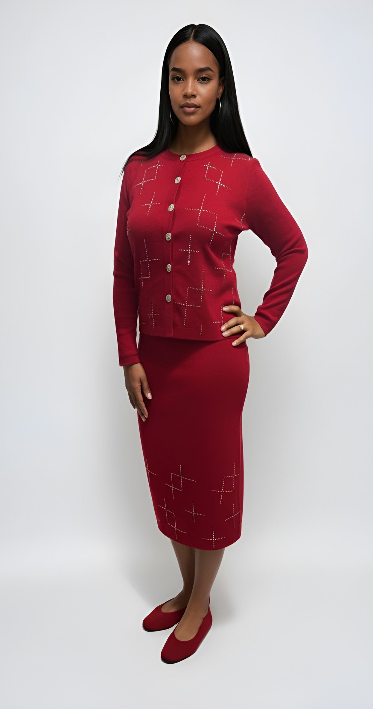 Red 3-piece knit set styled with matching skirt, full front pose.
