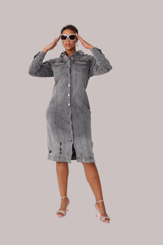 Model wearing Pearl Embellished Grey Denim Midi Dress in front standing pose with sunglasses highlighting pearl details and structured denim silhouette, For Her NYC