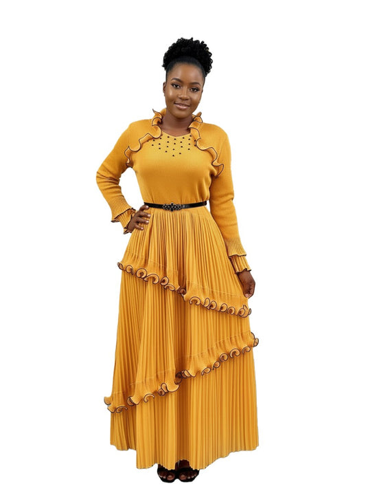 Front view of model wearing yellow pleated ruffle trim maxi dress with tiered detail, For Her NYC