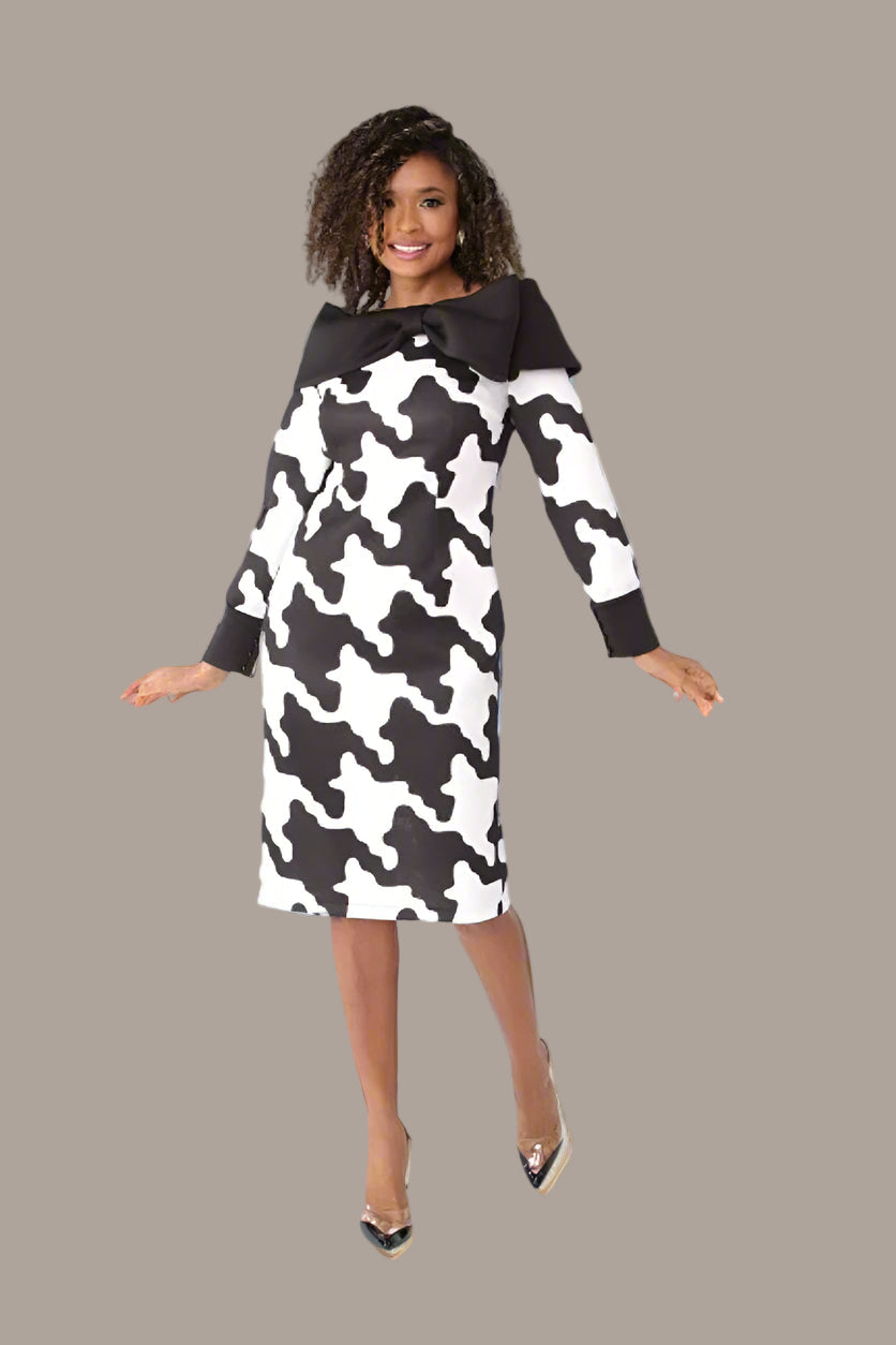 scuba long sleeve dress Printed Scuba Dress with Oversized Bow BLACK/WHITE / XL