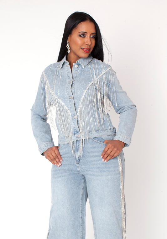 Wash blue denim rhinestone fringe jacket with cascading sparkle fringe detail, front full view styled as a statement piece by For Her NYC