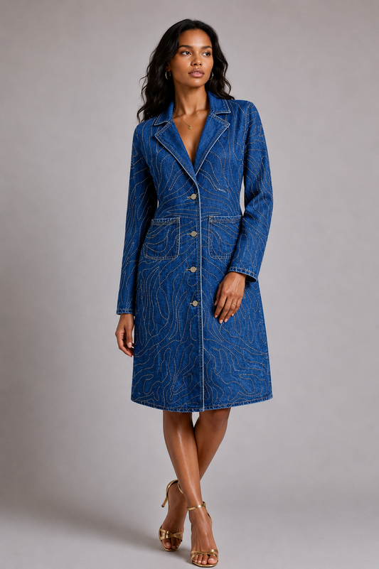 Denim rhinestone swirl long duster coat with tailored silhouette and sparkle detailing front view – For Her NYC