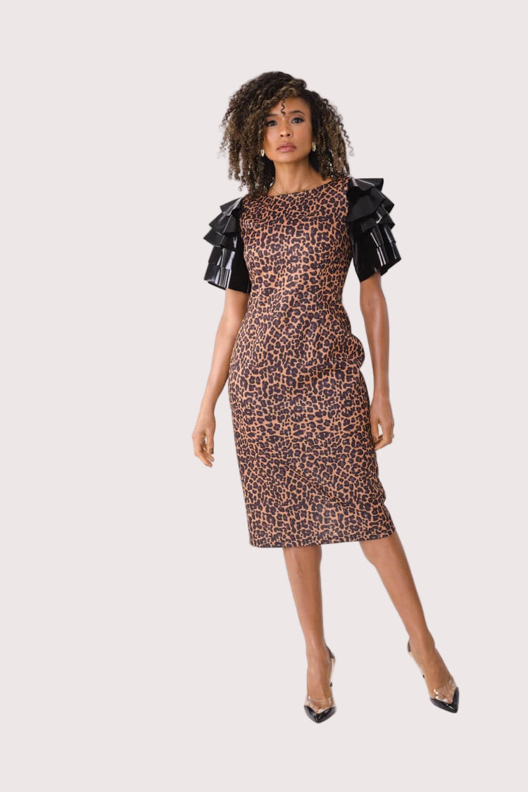 Ruffle Sleeve Midi Dress for Everyday Elegance LEOPARD / S