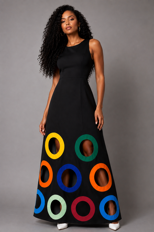 For Her NYC Colorful Circles Cutout Dress in Black Multi featuring a sleeveless fit-and-flare silhouette, vibrant multicolor circle cutout-inspired accents along the hem, and a flowing maxi-length design.
