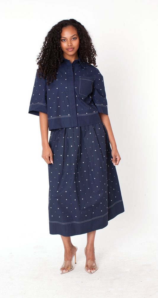 Navy studded midi full skirt with subtle embellishments and flowing silhouette front view – For Her NYC