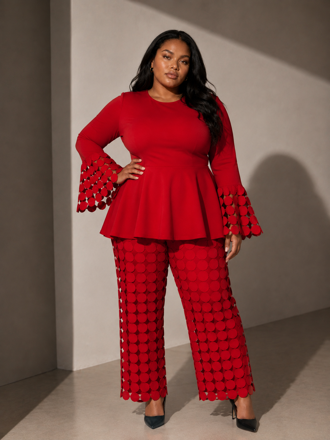 Tally Taylor plus size red circle lace peplum top and pants set with statement bell sleeves, style U0561W