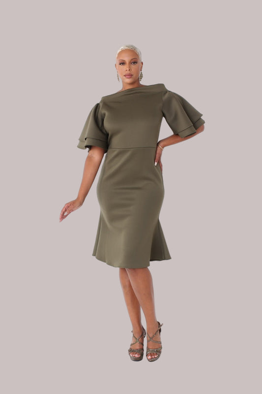 Front view of hunter green tiered bell-sleeve midi dress — For Her NYC