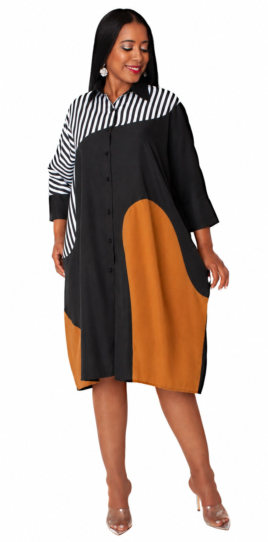 For Her NYC Bold Colorblock Shirt Dress in Black and Camel featuring mixed stripe and colorblock panels, a button-front silhouette, classic collar, three-quarter sleeves, and a relaxed midi-length fit.