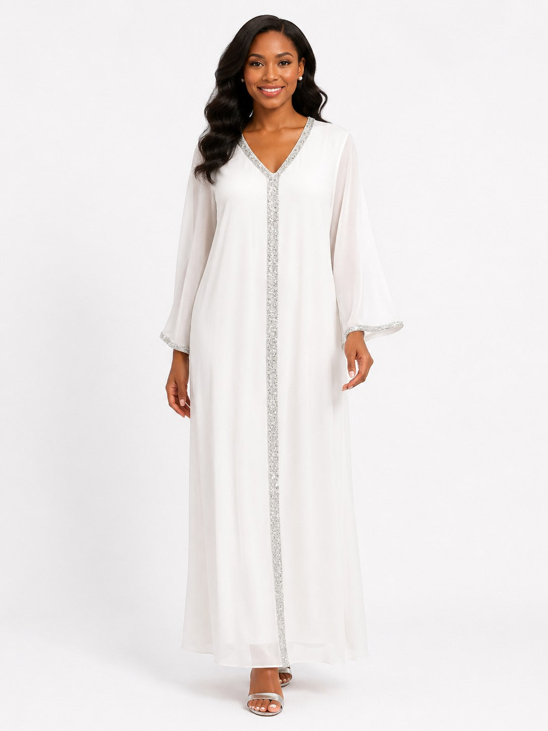 For Her NYC Plus Size Crystal Trim Chiffon Caftan Dress in White featuring a flowing full-length silhouette, lightweight chiffon fabric, shimmering crystal trim, soft bell sleeves, and a flattering relaxed fit.