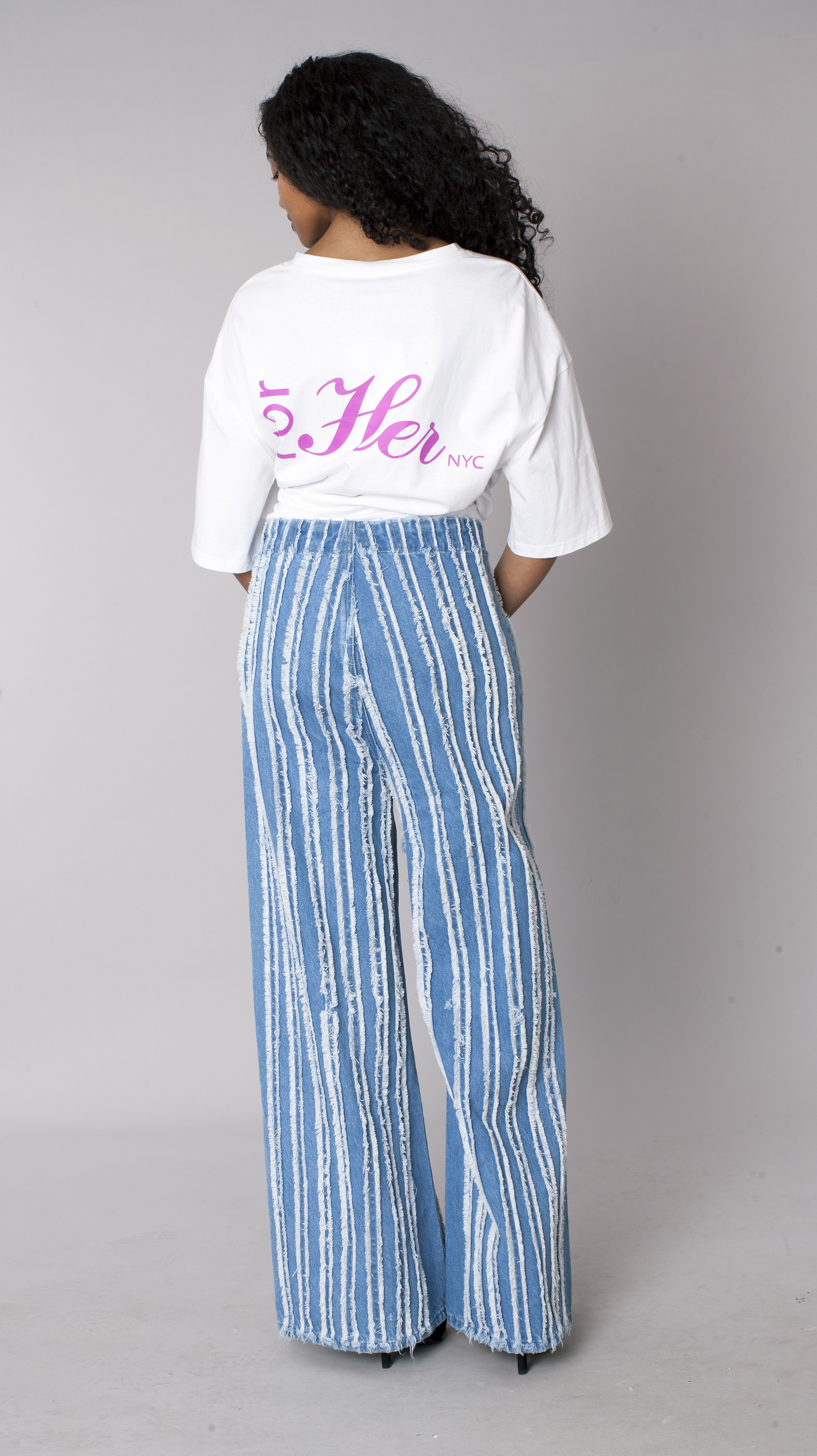 Denim vertical distressed stripe wide-leg jeans with back view – For Her NYC