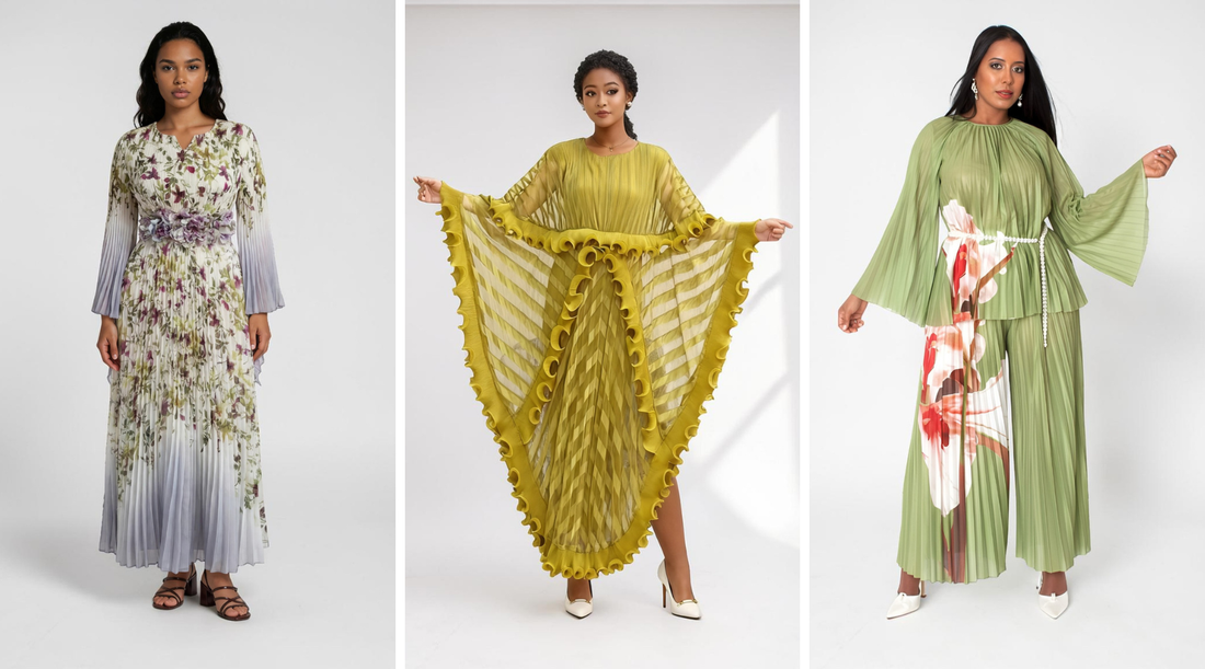 Three women wearing elegant pleated occasion dresses including a floral maxi dress, yellow ethereal cascade pleated maxi dress, and green pleated wide-leg pantset for flowy one-size fashion – For Her NYC