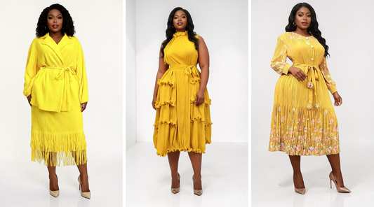 Three women’s yellow Spring/Summer dresses featuring pleated textures, flowing silhouettes, floral details, ruffle accents, and fringe detailing styled against a clean studio background. For Her NYC