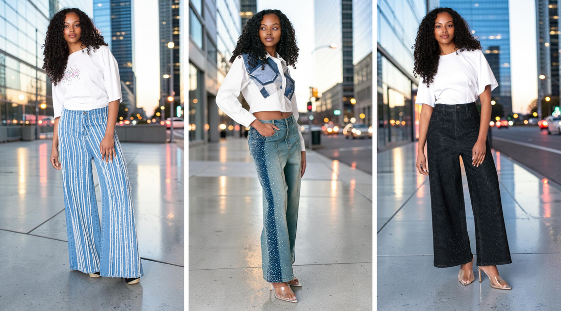 odel wearing embellished wide-leg denim jeans including distressed stripe denim, crystal side panel jeans, and black sparkle wide-leg trousers styled with oversized white tops in a modern city setting for For Her NYC