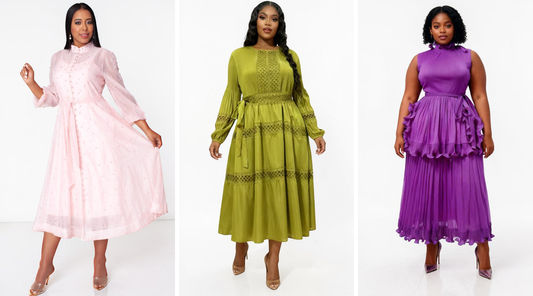 Three women’s midi dresses side by side in blush pink, olive green, and purple, featuring tiered silhouettes and elegant detailing on a clean white studio background – For Her NYC