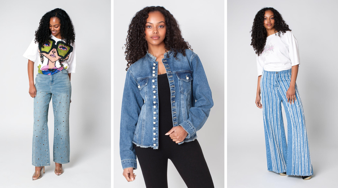 Woman wearing a blue pearl button denim jacket with pearl button closure, structured fit, and classic medium wash for polished everyday layering style – For Her NYC
