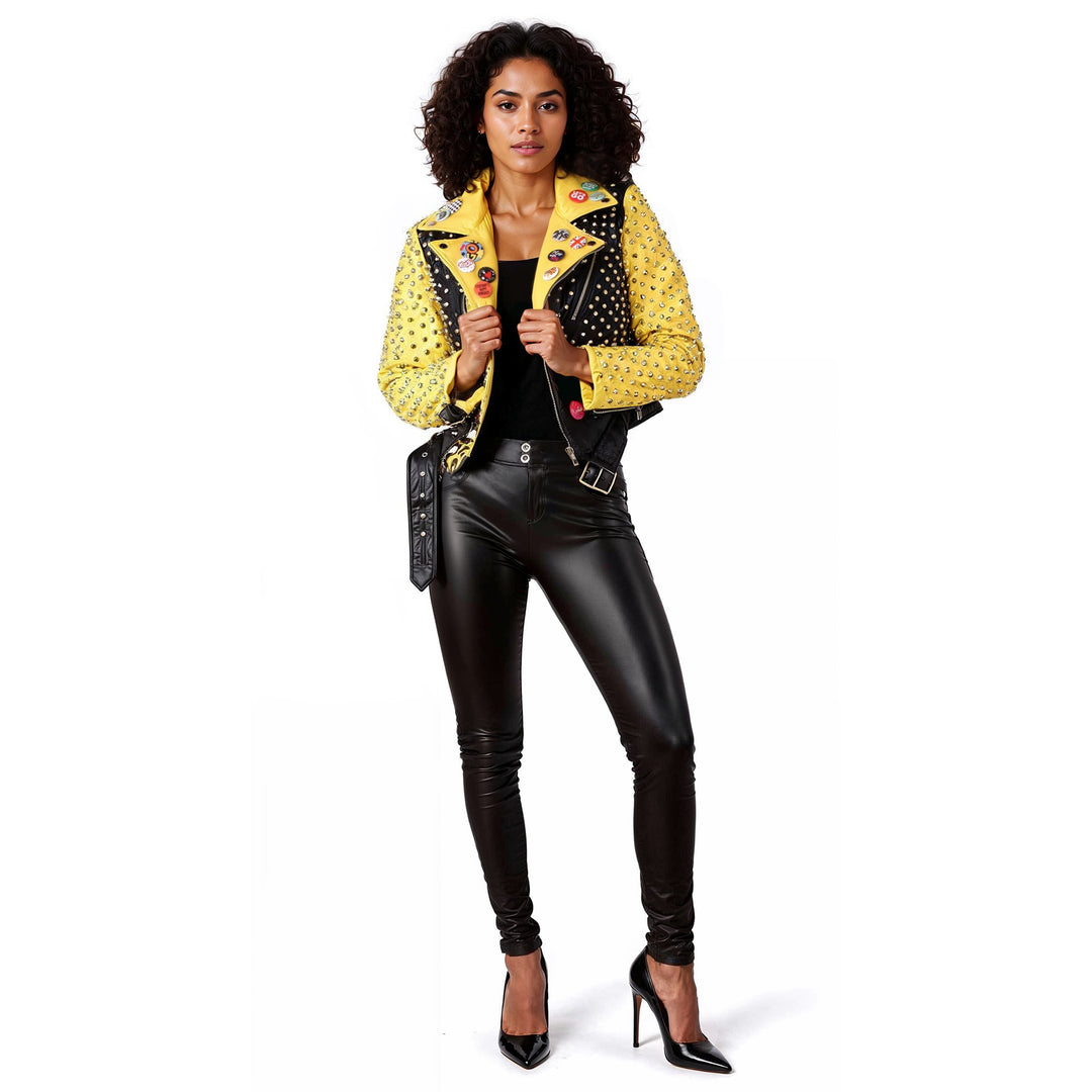 Studded Faux Leather Moto Jacket with Embroidered Tiger Back -81751
