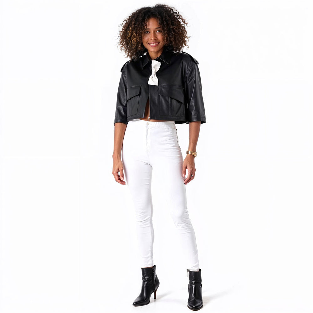 Cropped Leather Jacket with Bow Accent -81768