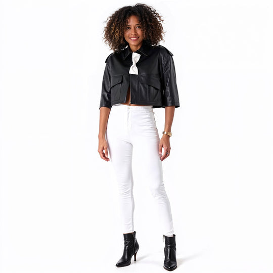 Cropped Leather Jacket with Bow Accent -81768