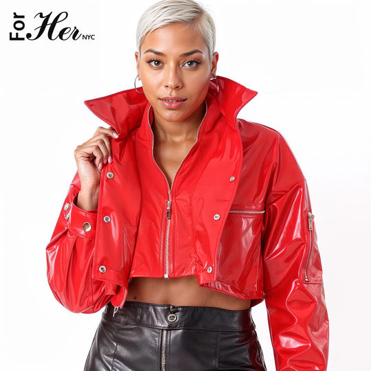Cropped Red Vinyl Jacket -81757