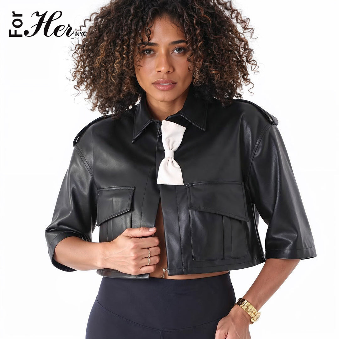 Cropped Leather Jacket with Bow Accent -81768