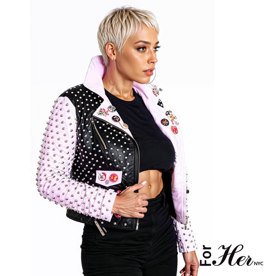 Studded Faux Leather Moto Jacket with Embroidered Tiger Back -81751