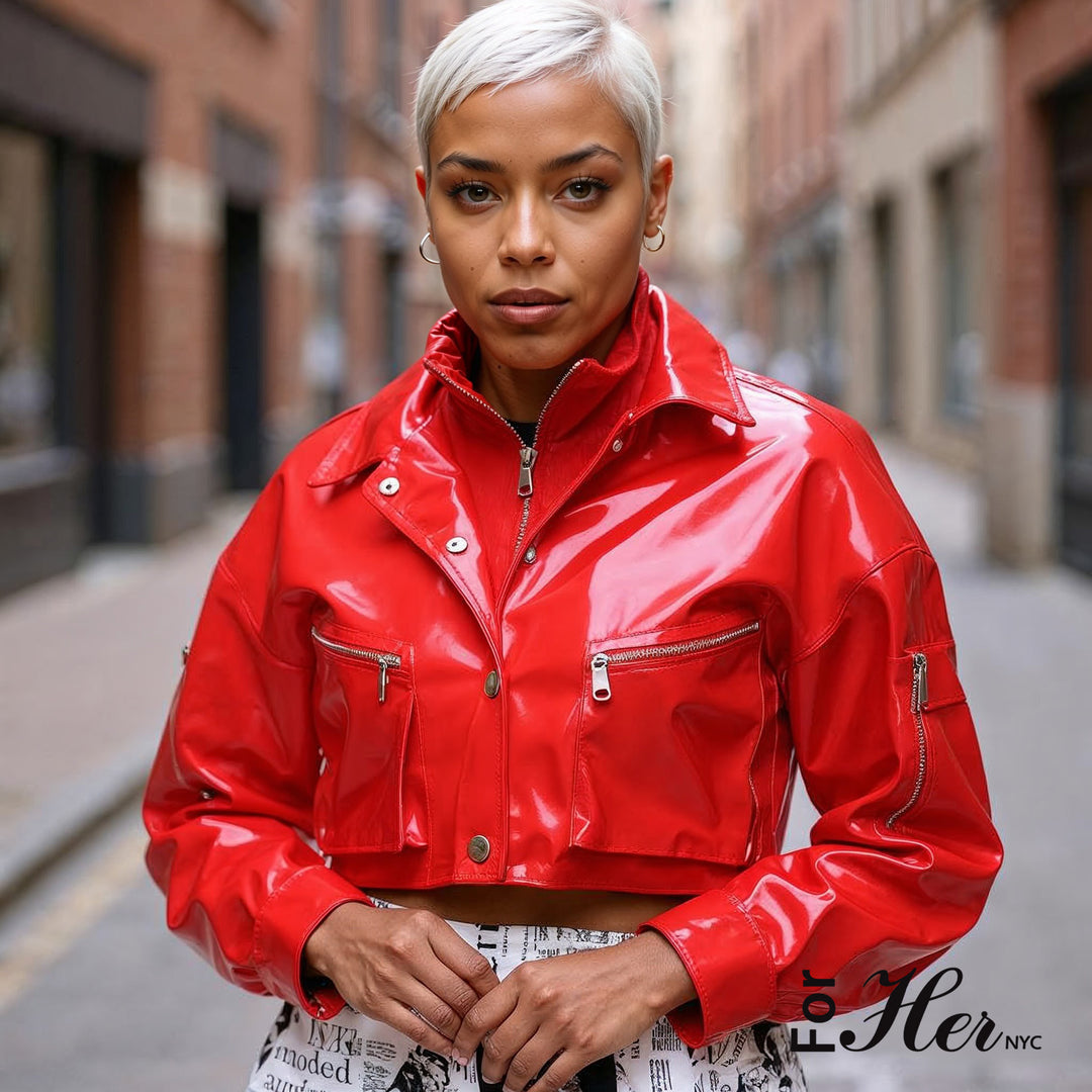 Cropped Red Vinyl Jacket -81757