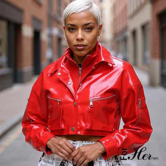 Cropped Red Vinyl Jacket -81757