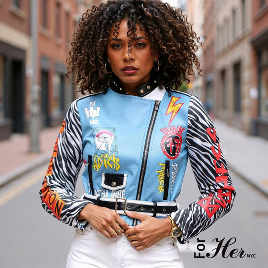 Leather Zebra-Print Moto Jacket with Embroidered Tiger- 81762