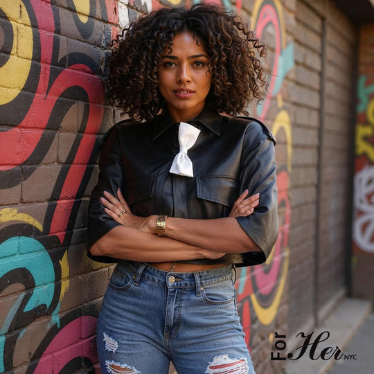 Cropped Leather Jacket with Bow Accent -81768