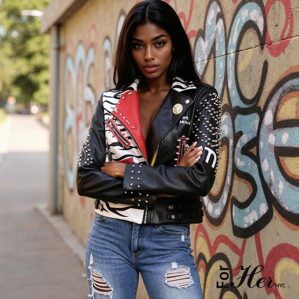 Moto Leather Zebra Printed Jacket | 81769