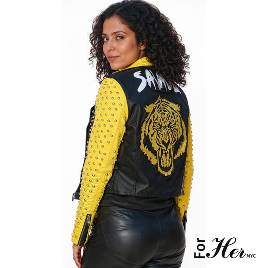 Studded Faux Leather Moto Jacket with Embroidered Tiger Back -81751