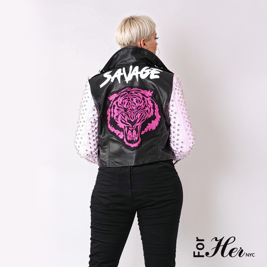 Studded Faux Leather Moto Jacket with Embroidered Tiger Back -81751