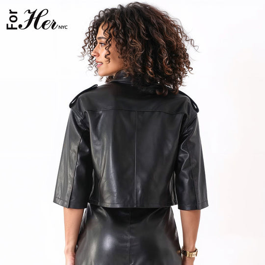 Cropped Leather Jacket with Bow Accent -81768