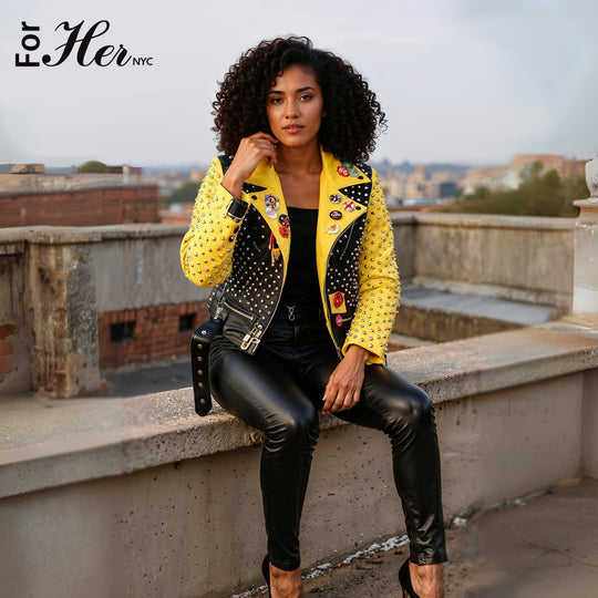 Studded Faux Leather Moto Jacket with Embroidered Tiger Back -81751