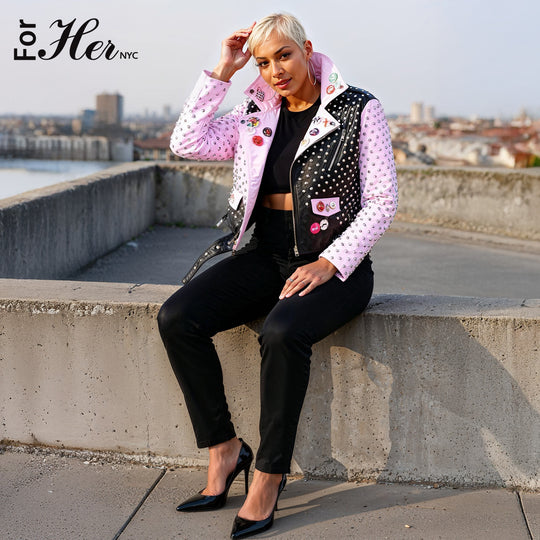 Studded Faux Leather Moto Jacket with Embroidered Tiger Back -81751