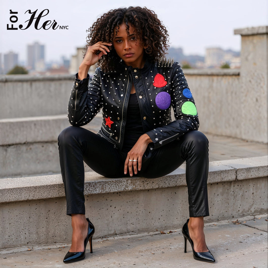 Multi Colored Studded Leather Jacket -81752