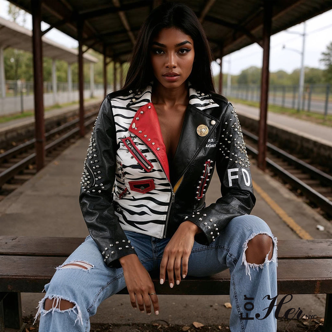 Moto Leather Zebra Printed Jacket | 81769