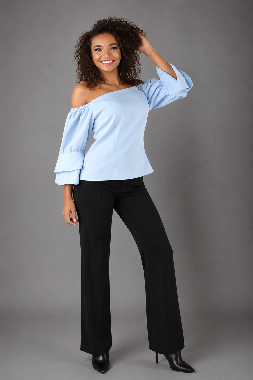 Ruffled off-the-shoulder blouse in powder blue front view – For Her NYC