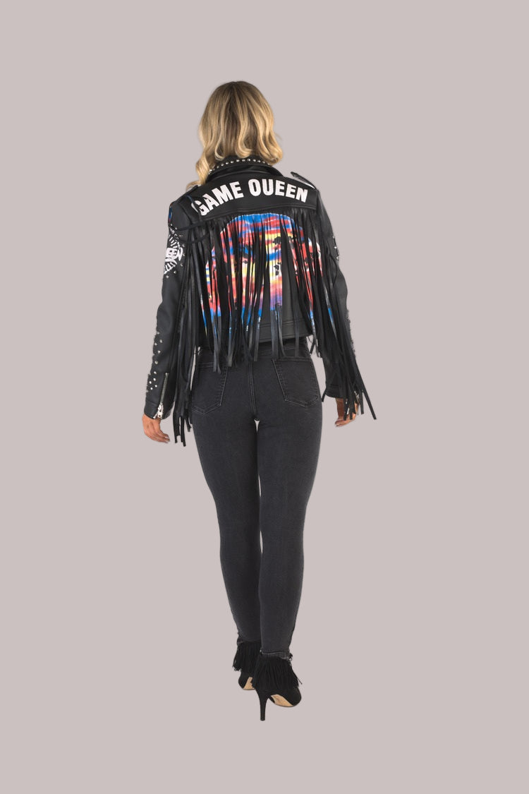 Black fringe faux leather studded moto jacket back view with GAME QUEEN graphic text on model – For Her NYC